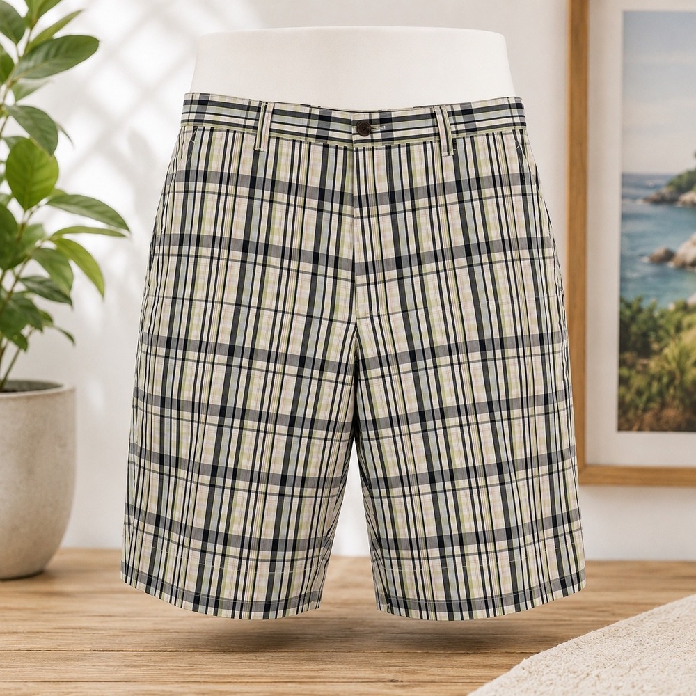 Cutter & Buck Golf Shorts‎ Mens 38 White Green Plaid Stretch Performance Casual